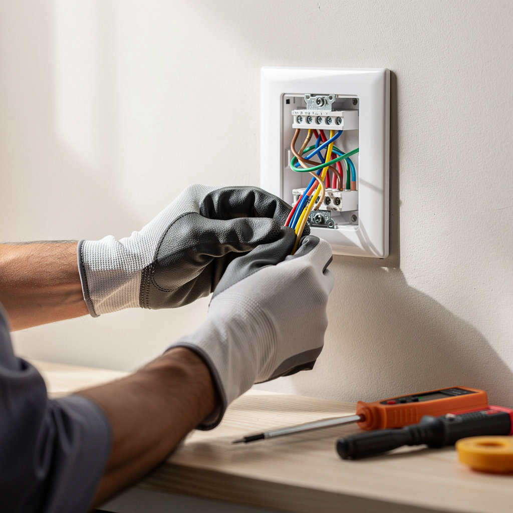 Evan the Handyman performing safe electrical wiring and outlet installation in a San Diego home